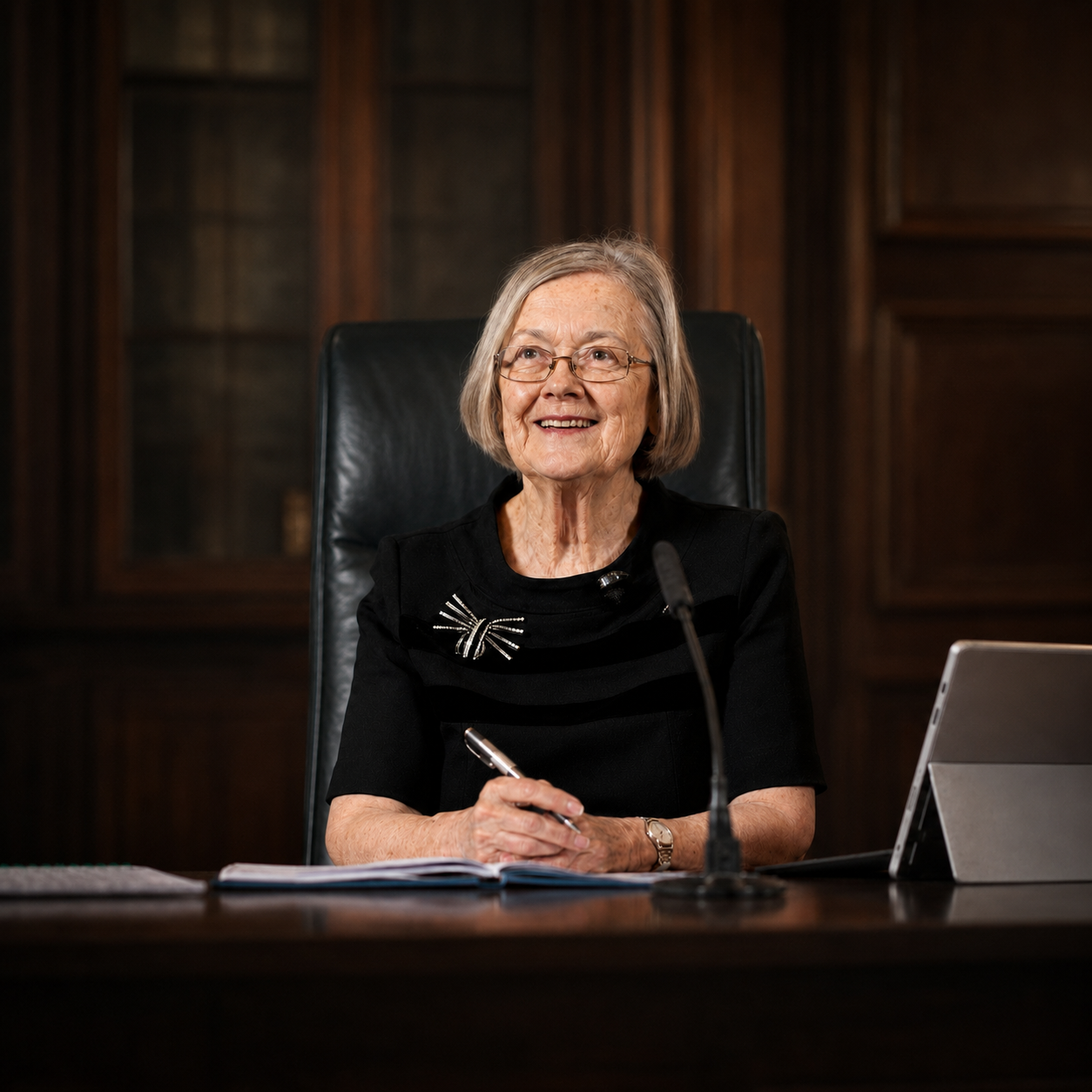 Modern editorial portrait of Lady Hale or a senior woman judge in a refined legal setting