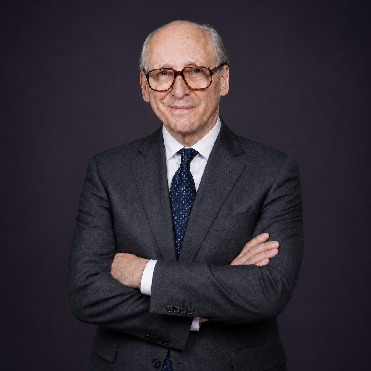 Modern editorial portrait of Lord Bingham or a senior male jurist in a warm legal library