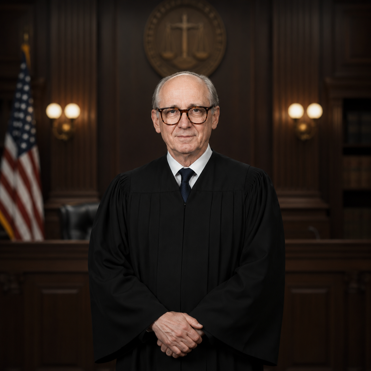 Modern editorial portrait of Lord Reed or a senior male judge in a refined legal chamber